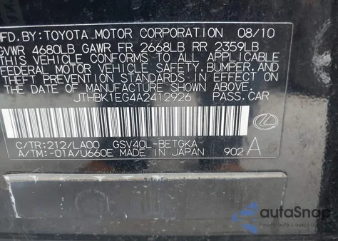 2010 Lexus Es 350 z USA, uszkodzony, nr VIN JTHBK1EG4A2412926